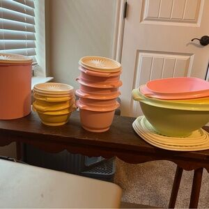 Tupperware Pink, Yellow, and Green Food Storage Set